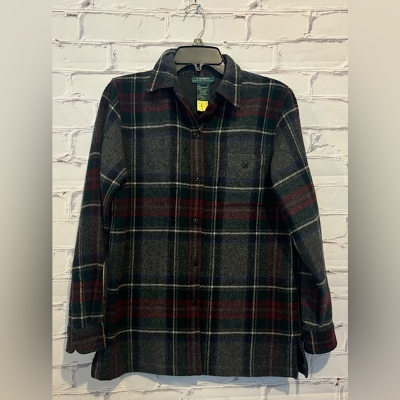 Lauren Ralph Lauren 100 Lambswool Grey Shacket Plaid Button Jacket Size Large - Picture 1 of 7